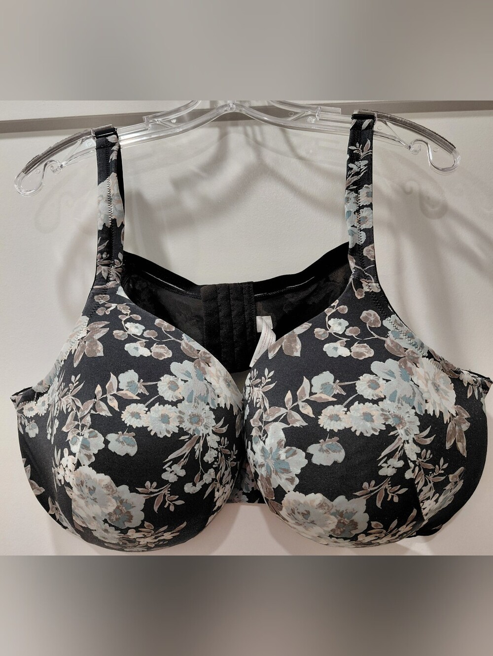 Cacique Sz 50DD Black Floral Full Coverage Bra with Light Blue and Cream Accents